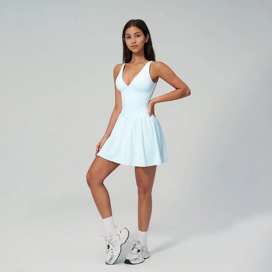 NVWA Women'S Summervibes Sexy V-Neck Strappy Sleeveless Athletic Cut Dress - Fitted Waist, Open-Back, Soft Stretch Nylon Fabric, Cooling Quick-Drying, Figure-Flattering for Casual Wear, Workouts, Dresses,Summerwins